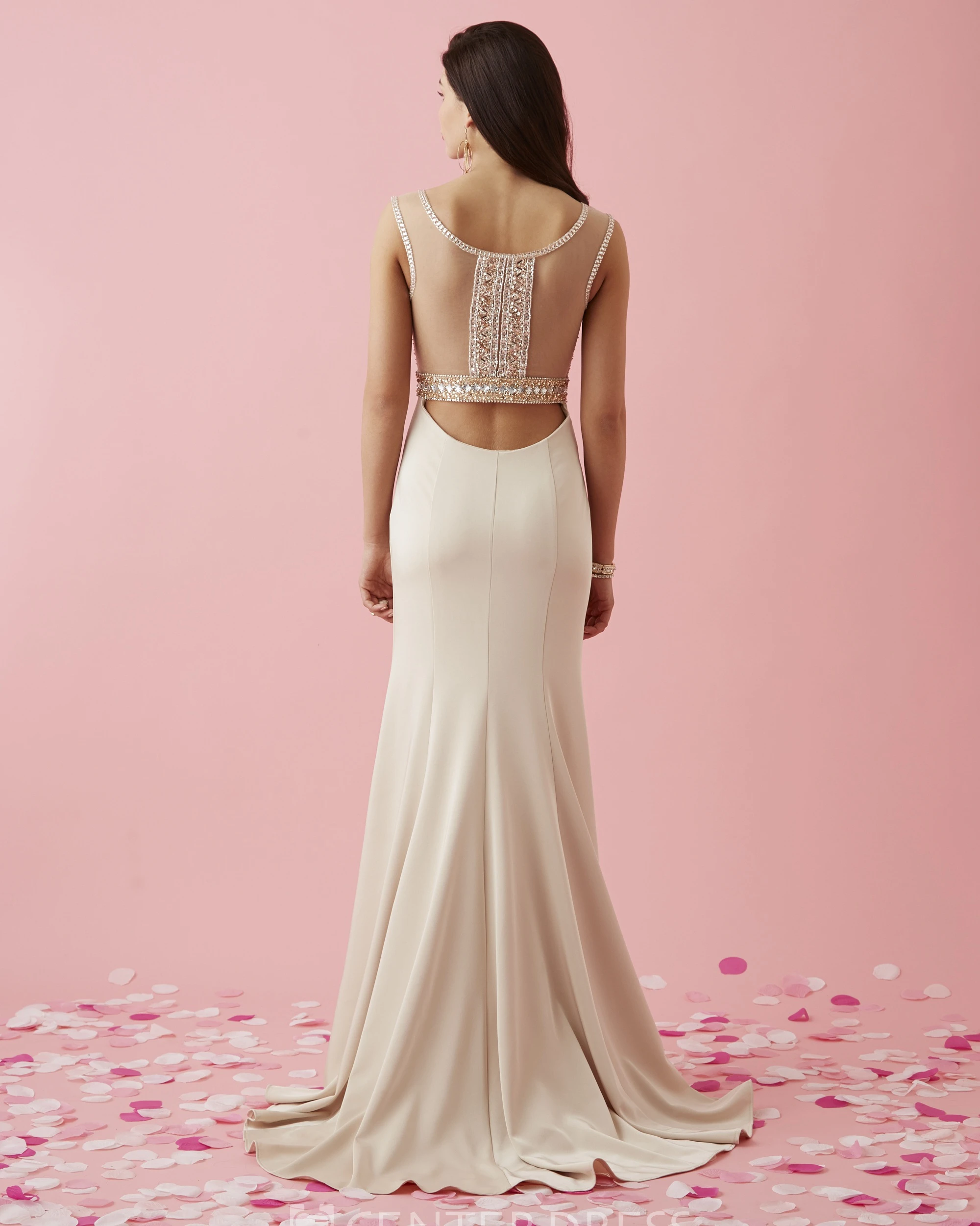 Sheath Scoop-Neck Sleeveless Jersey Illusion Dress With Beading