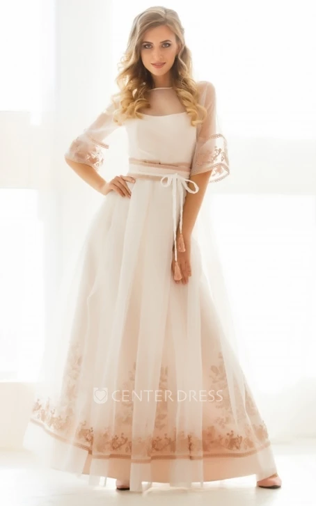 A Line Charming Bateau Neck Ankle-length Prom Dress with Sash