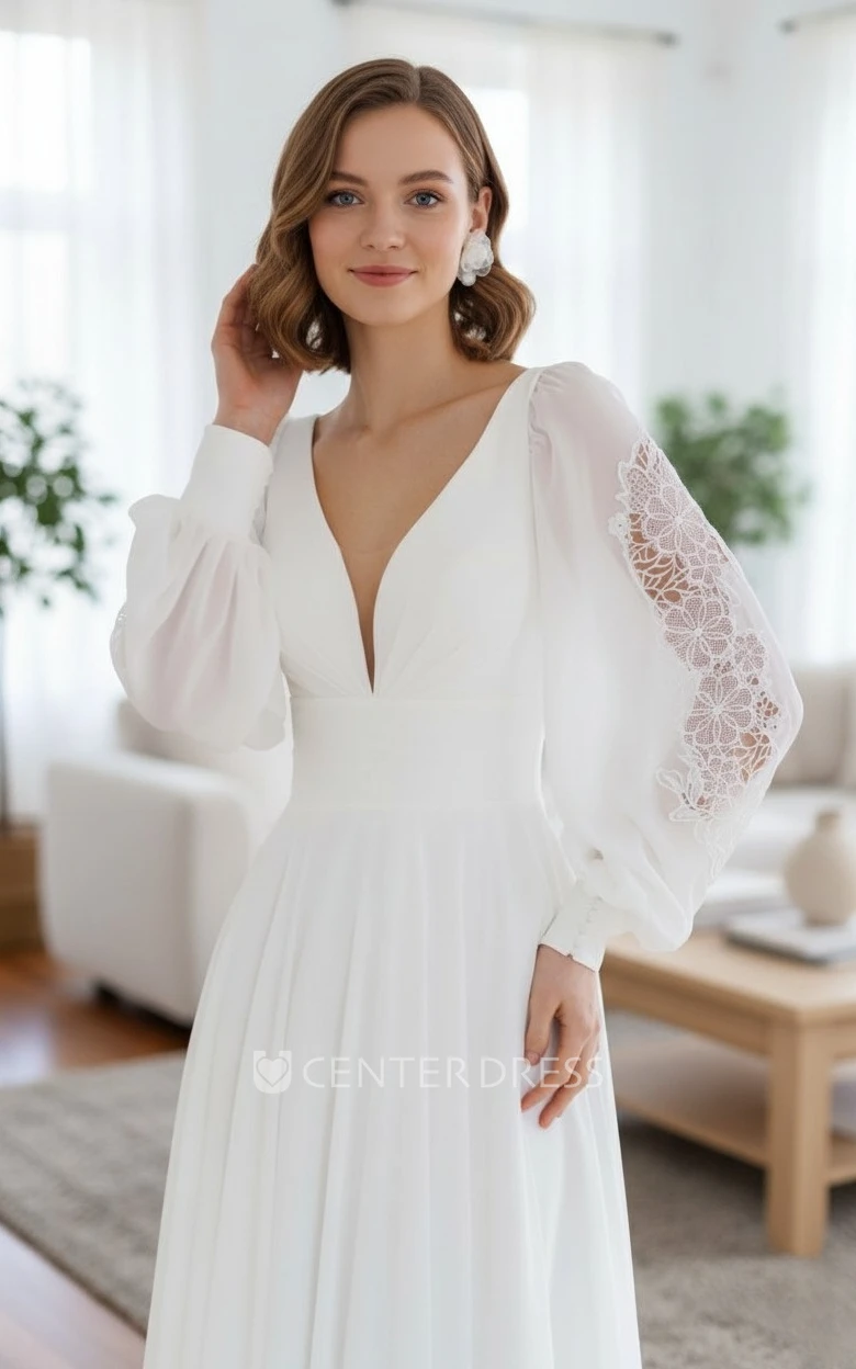 A-Line Long Puffy Sleeves Flower Lace Wedding Dress Modern Flowy Chiffon Plunge Deep V Back Bridal Gown