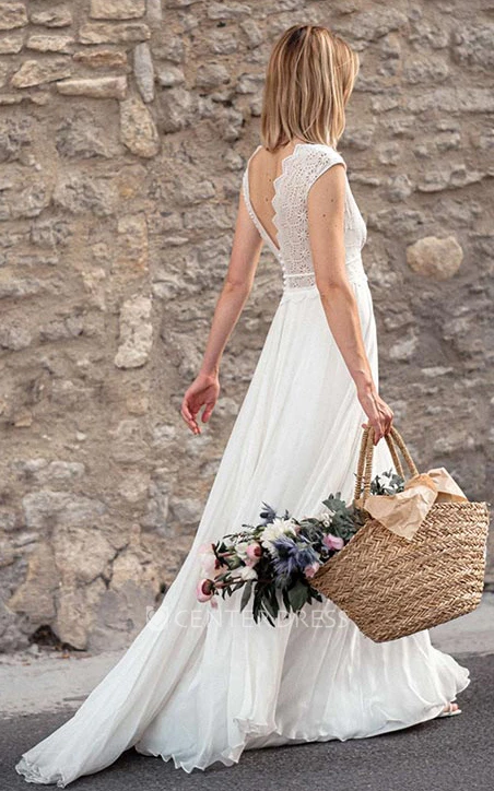 Boho A Line V-neck Chiffon Lace Short Sleeve Wedding Dress with Low-V Back