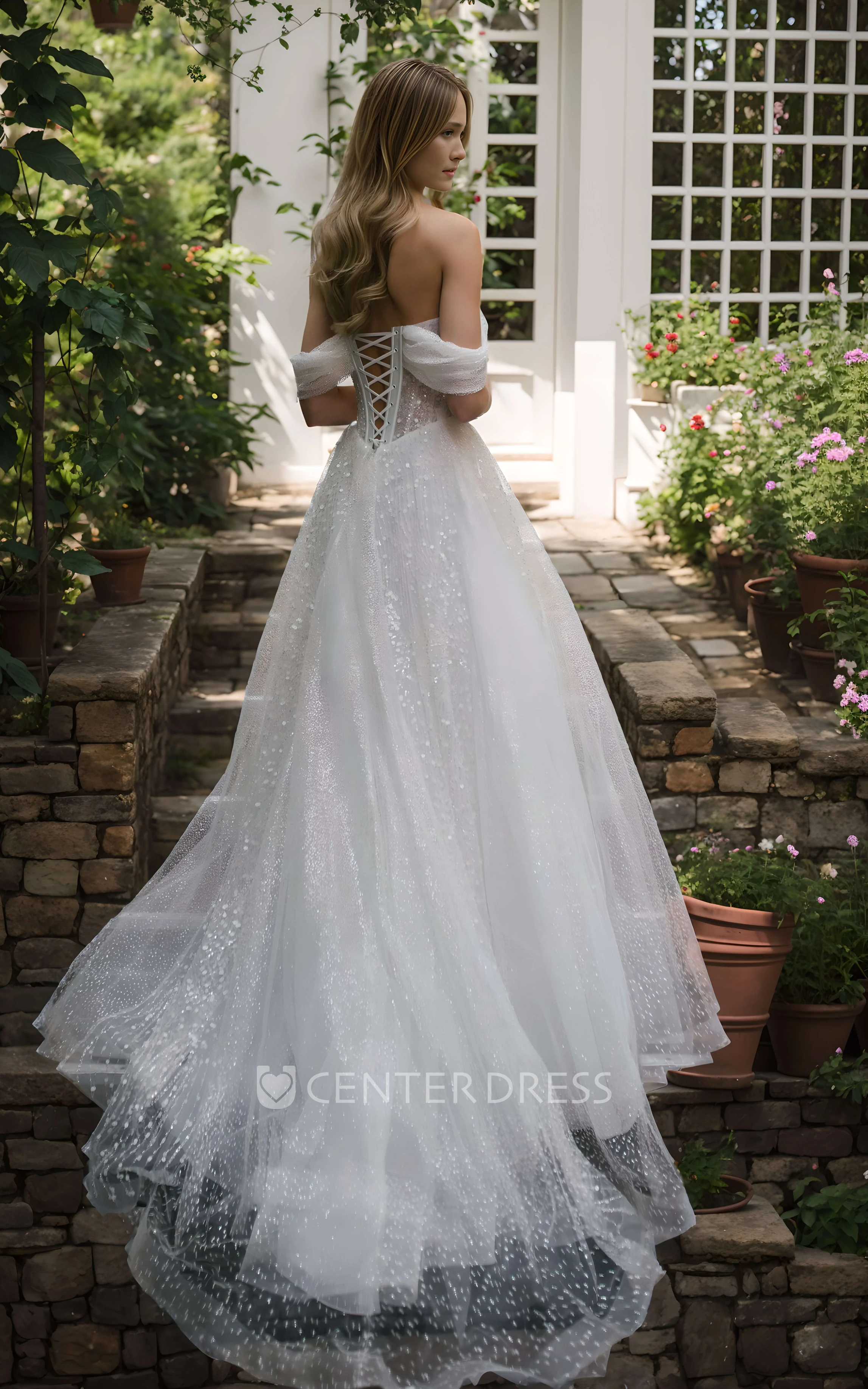 Elegant Boho A-Line Off-the-Shoulder Wedding Dress Sparkly Sequined Sleeveless Floor-Length Bridal Gown