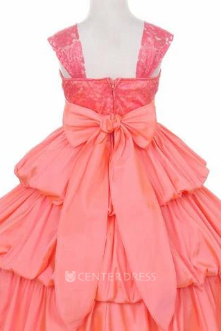 Ankle-Length Bowed Floral Lace&Taffeta Flower Girl Dress With Sash