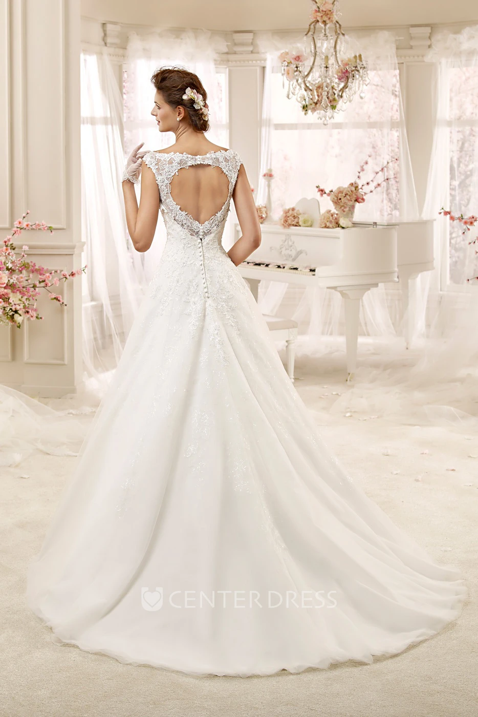 Jewel-neck A-line Wedding Dress with Illusive Design and Keyhole Back