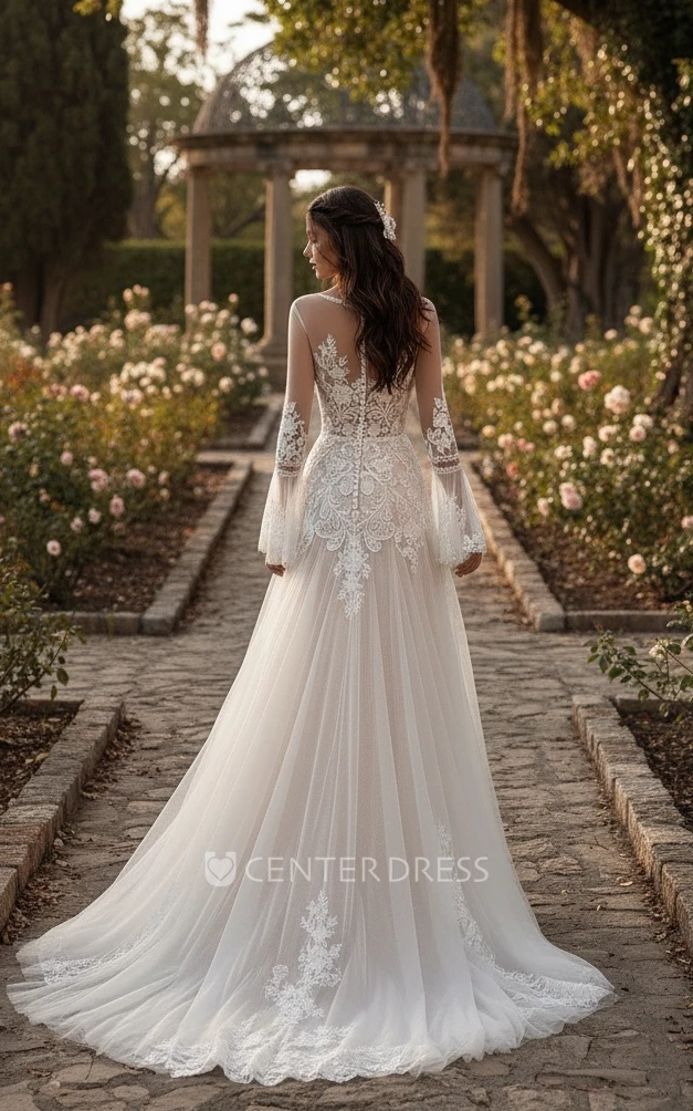 Modern Sexy Bohemian A-Line Lace Spring Wedding Dress Stunning Romantic Long Bell Sleeve Plunging Neckline Split Front Bridal Gown