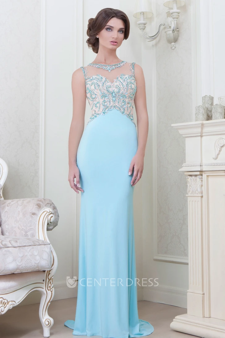 Sheath Jewel-Neck Long Sleeveless Beaded Jersey Evening Dress