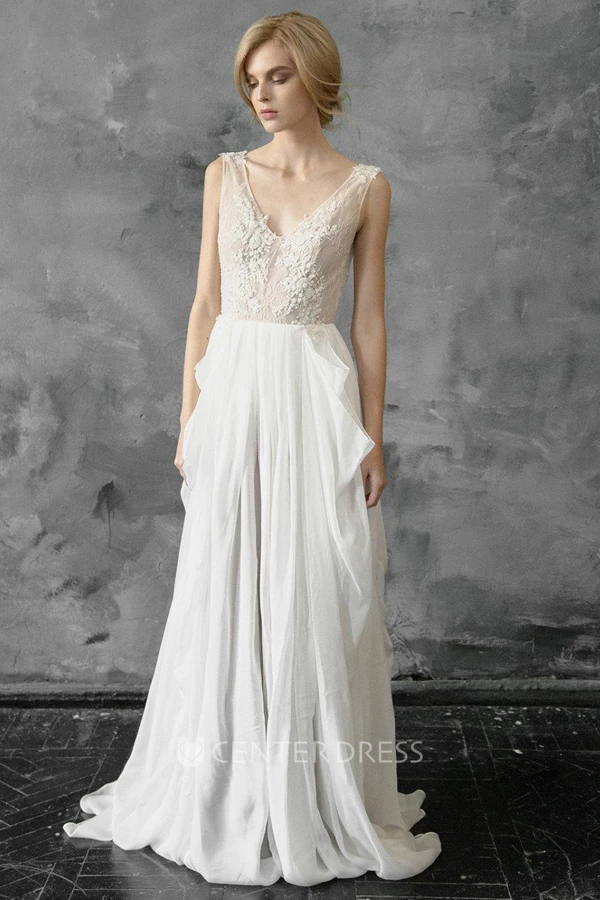 Plunged Sleeveless Chiffon Pick Up Wedding Dress With Appliques