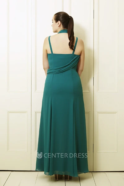 A-Line Pleated Sleeveless Ankle-Length Haltered Chiffon Plus Size Prom Dress