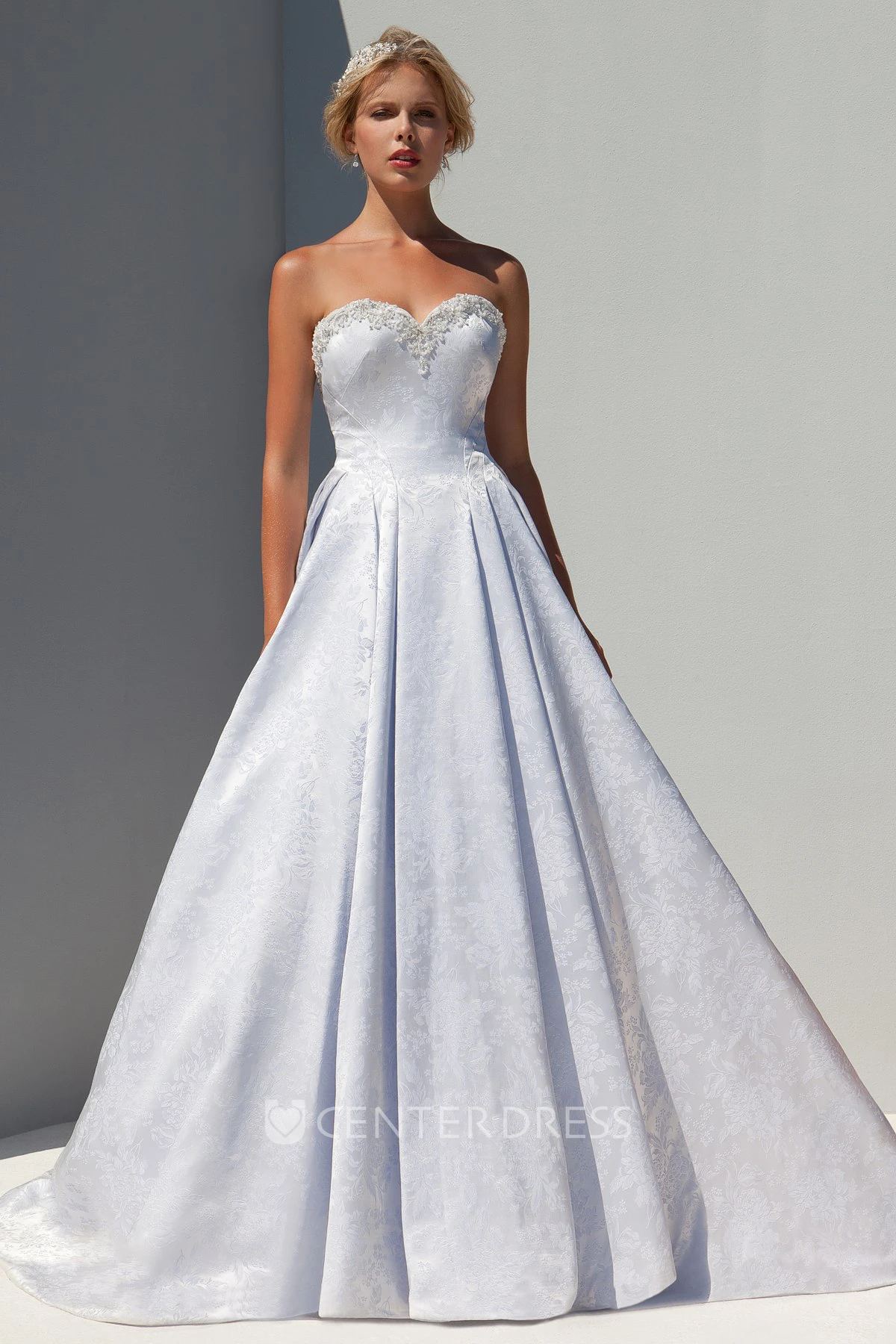 A-Line Sleeveless Floor-Length Beaded Sweetheart Satin Wedding Dress