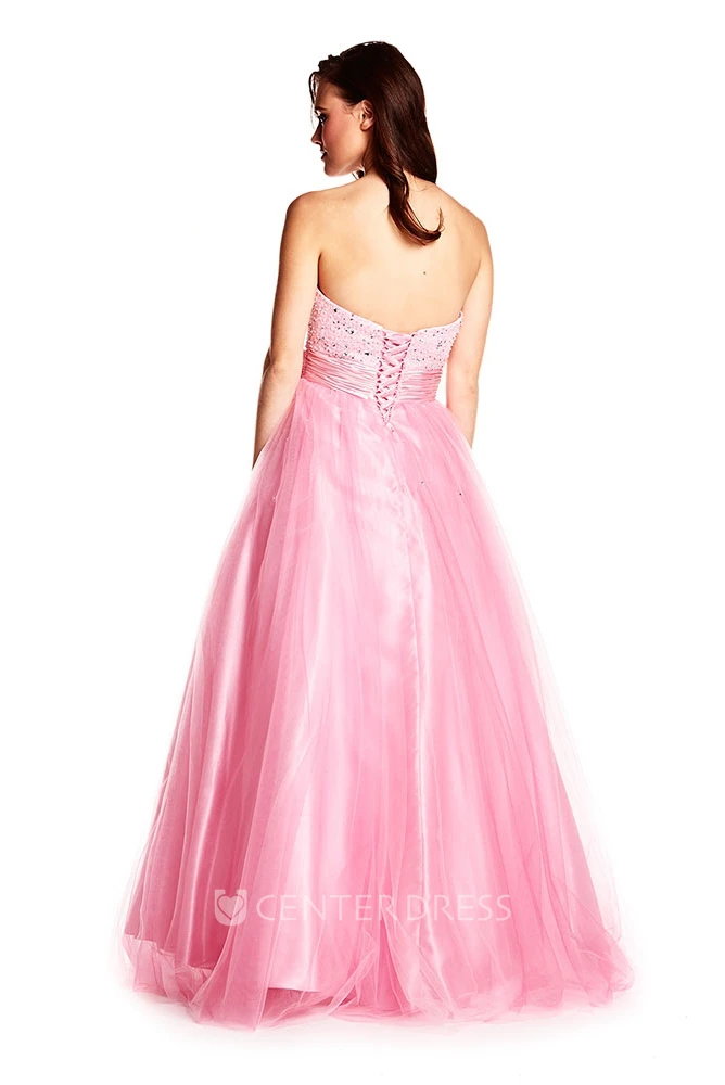 A-Line Sleeveless Sequined Sweetheart Floor-Length Tulle&Satin Prom Dress With Bow