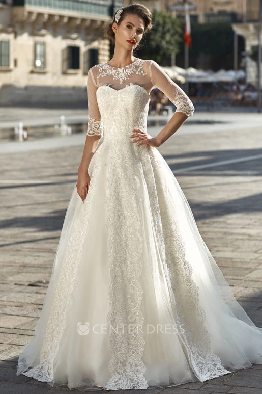 Ball Gown Long-Sleeve Appliqued Long High-Neck Lace Wedding Dress