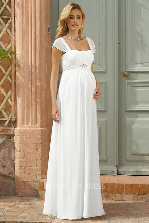 Sheath Cap Sleeve Empire Square Neck Jeweled Chiffon Wedding Dress