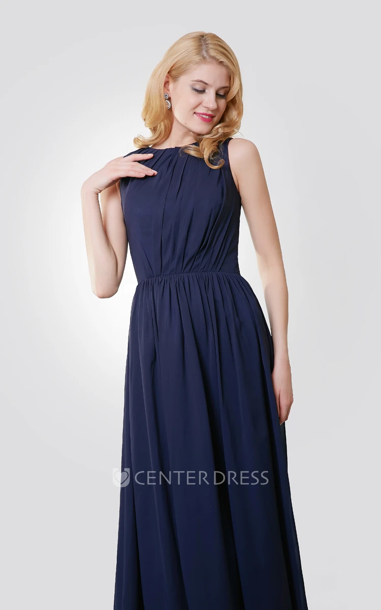 Sleeveless Chiffon Pleated Floor Length Dress With Keyhole Back
