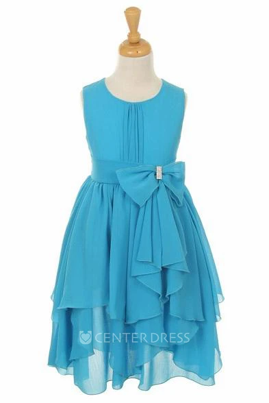 Tea-Length Broach Bowed Chiffon Flower Girl Dress