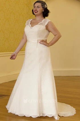 Scalloped V Neck Cap Sleeve Lace Bridal Gown With Satin Sash