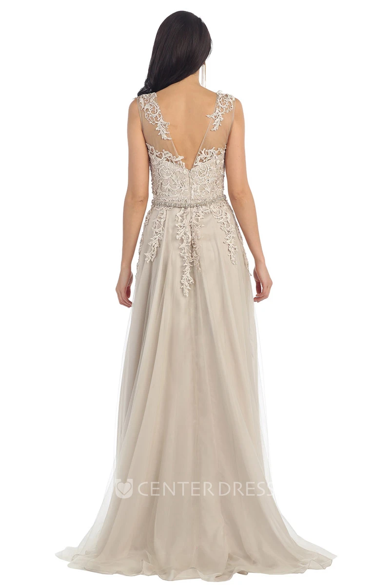 A-Line Maxi Scoop-Neck Sleeveless Tulle Lace Low-V Back Dress With Pleats