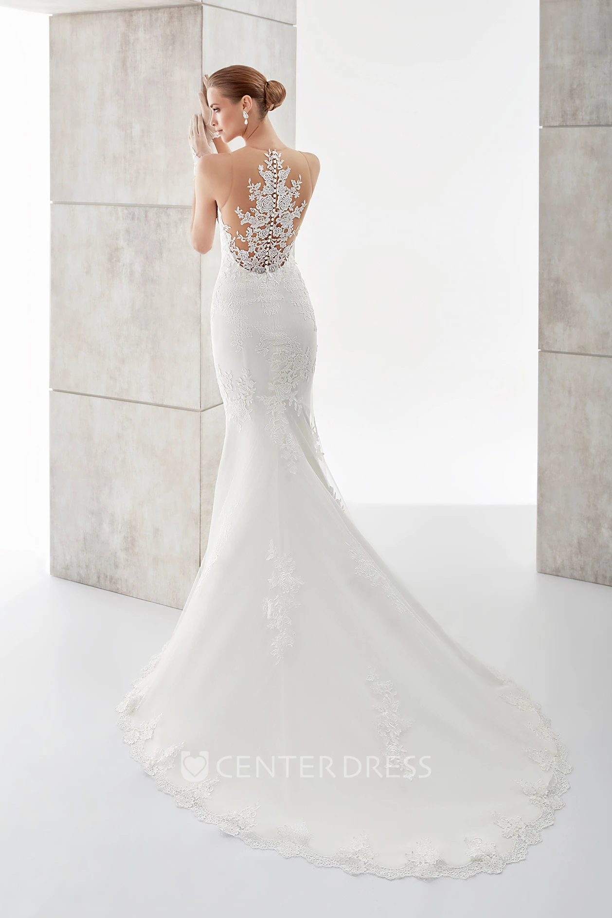 Sweetheart Sheath Lace Appliqued Wedding Dress with Illusive Floral Back and Court Train