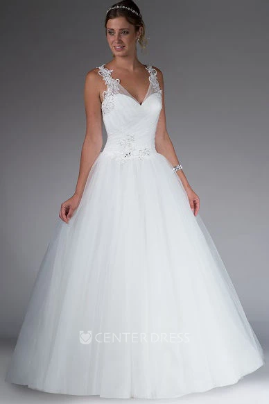 V Neck Tulle Bridal Ball Gown With Applique And Beading Straps
