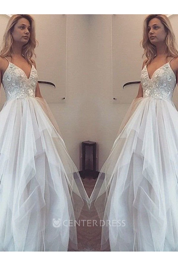 Sleeveless Floor-length A-Line Spaghetti Lace Tulle Dress