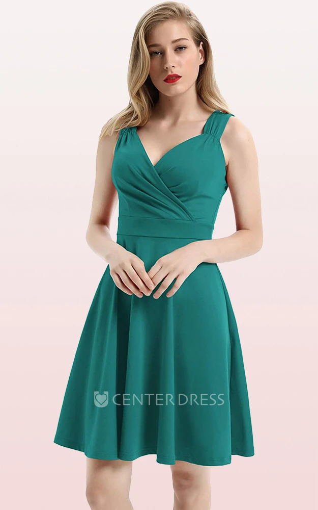 Casual Sleeveless A Line Jersey V-neck Prom Cocktail Dress With Ruffles