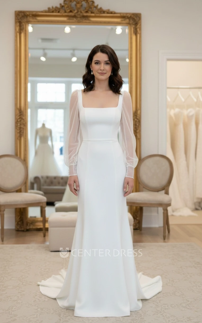 Mermaid Elegant Open Back Square Neck Satin Spring Wedding Dress with Illusion Long Sleeve