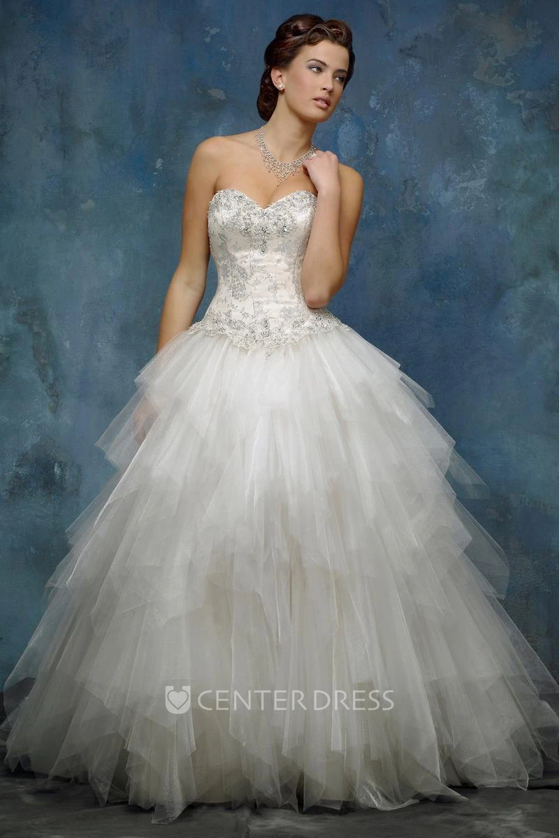 A-Line Ball-Gown Sweetheart Floor-Length Sleeveless Cascading-Ruffle Tulle Wedding Dress With Beading And Lace-Up Back