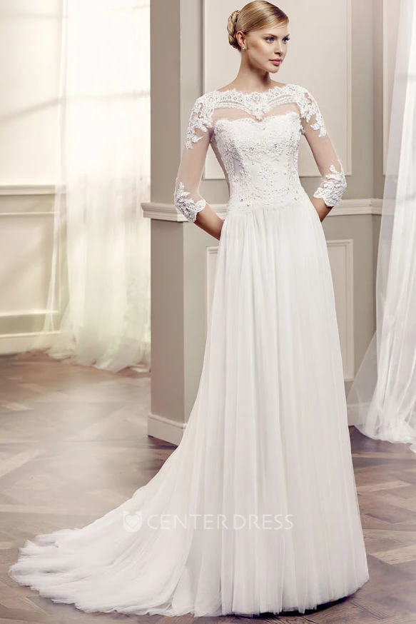 Bateau Floor-Length Beaded Half Sleeve Tulle Wedding Dress