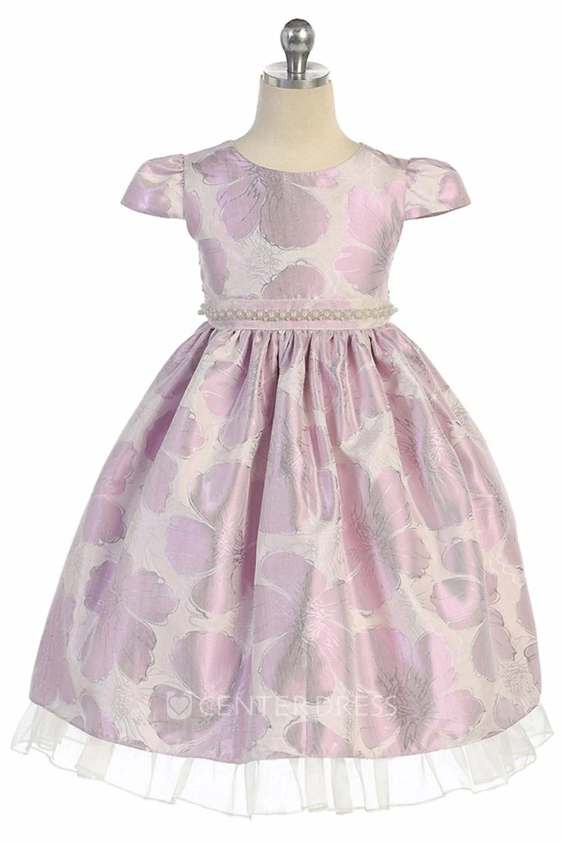 Tea-Length Cap-Sleeve Beaded Organza Flower Girl Dress With Ruffles
