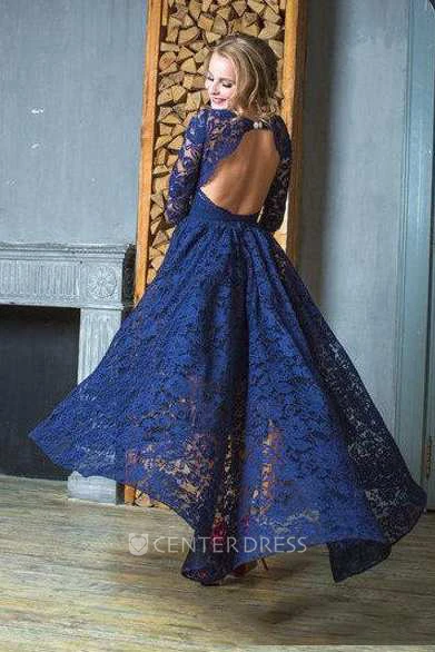 3-4 Sleeve High Neck High Low Lace Dress With Keyhole Back