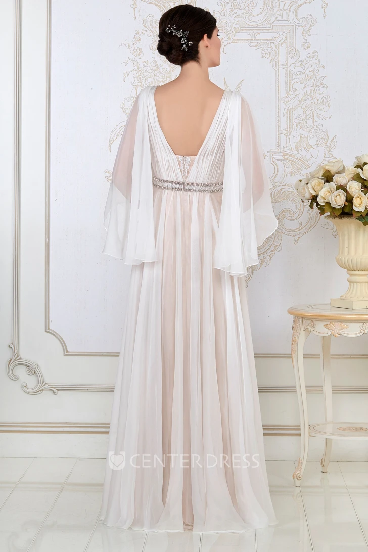 A-Line Poet-Sleeve Beaded V-Neck Floor-Length Tulle Evening Dress With Ruching