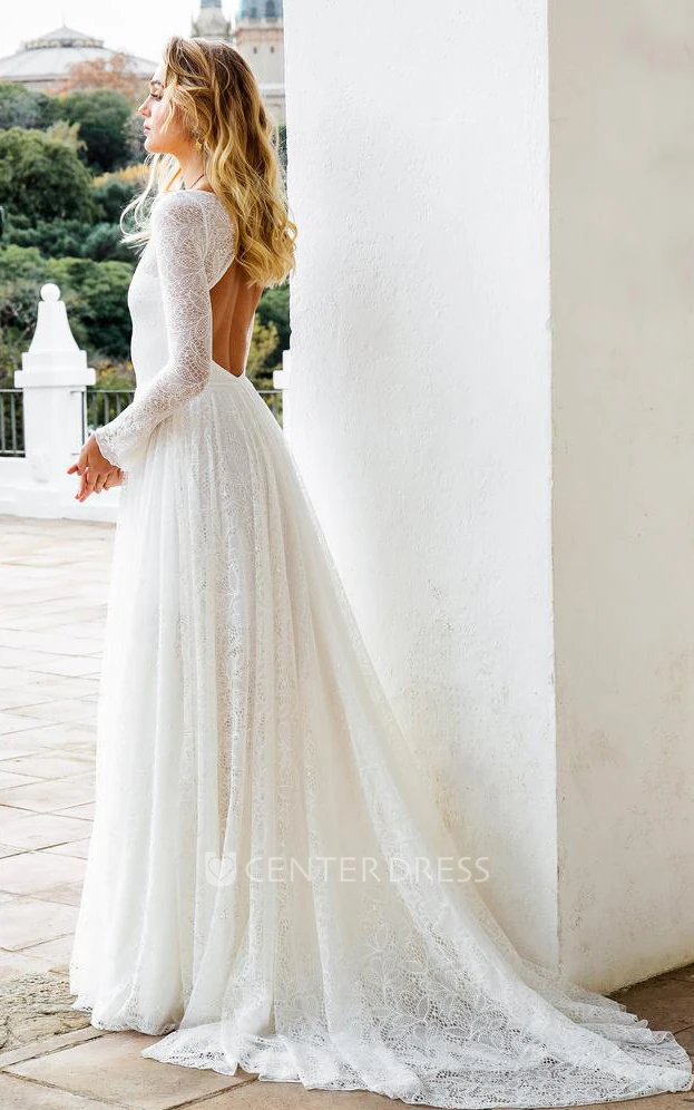 Boho A Line Scoop Neck Lace Floor-length Long Sleeve Winter Wedding Dress with Keyhole Back