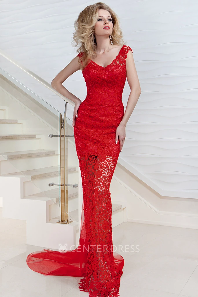 Pencil V-Neck Cap-Sleeve Floor-Length Lace Prom Dress With Keyhole Back And Watteau Train