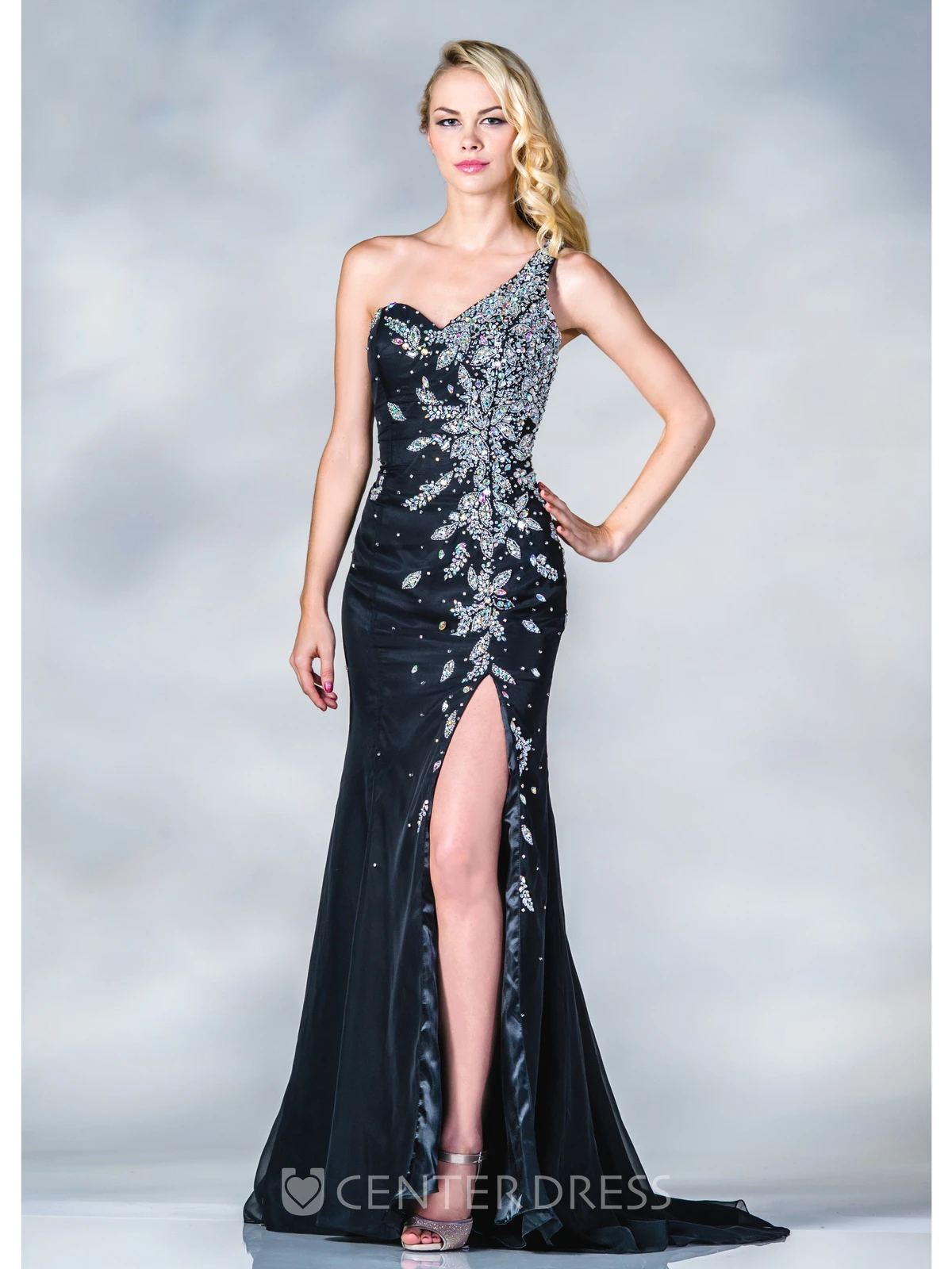 Sheath One-Shoulder Sleeveless Dress With Beading And Split Front