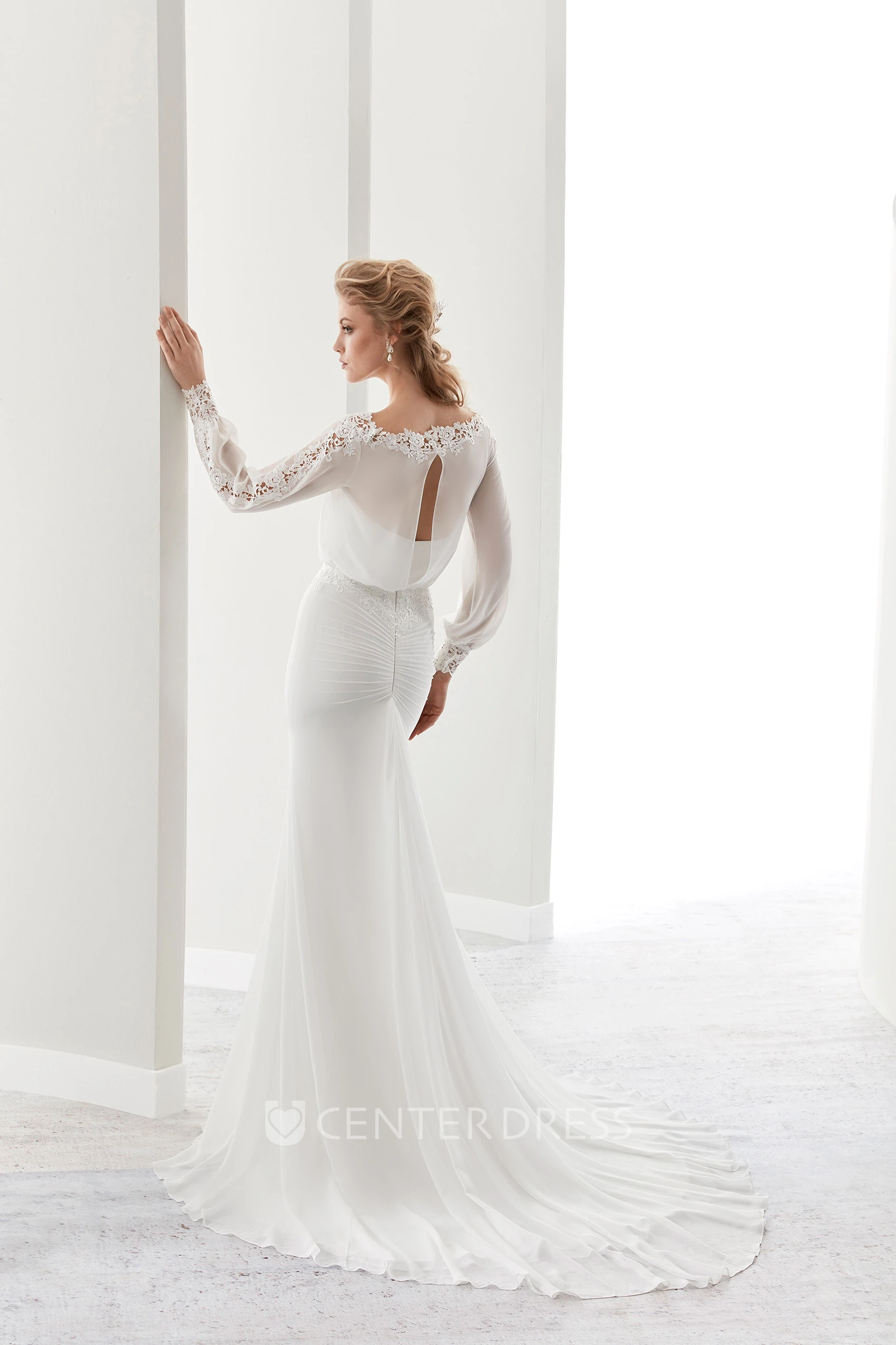 Long-Sleeve Jewel-Neck Sheath Gown With Illusion Design And Keyhole Back