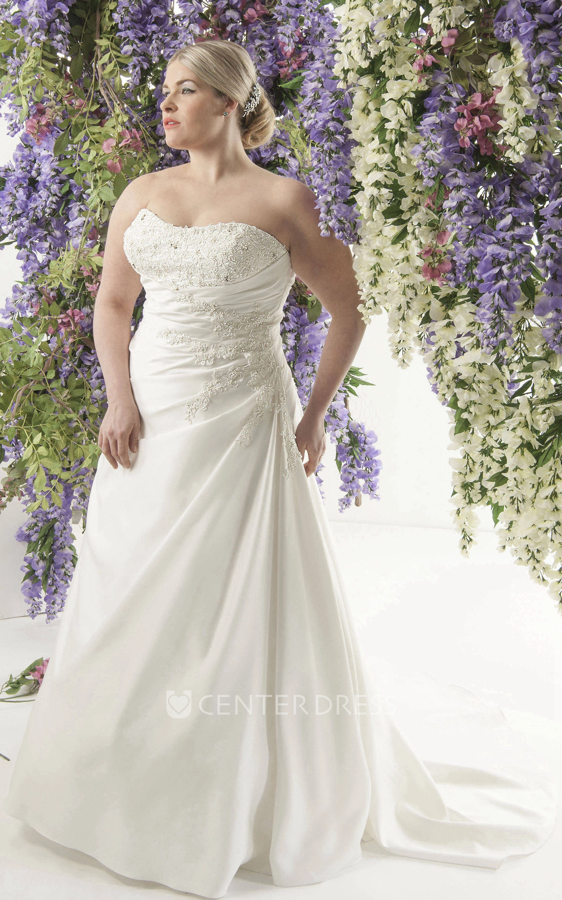 Strapless Side-Ruched Sheath Dress With Lace Top