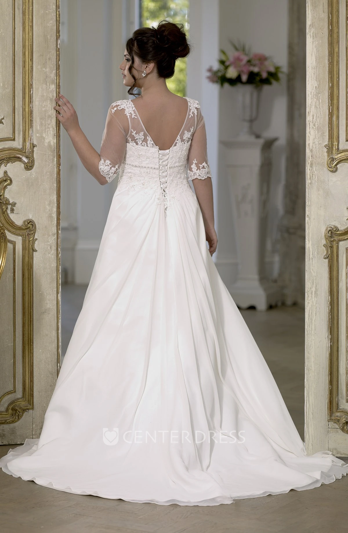 A-Line Long Scoop Neck Half Sleeve Empire Chiffon Brush Train Low-V Back Waist Jewellery Dress