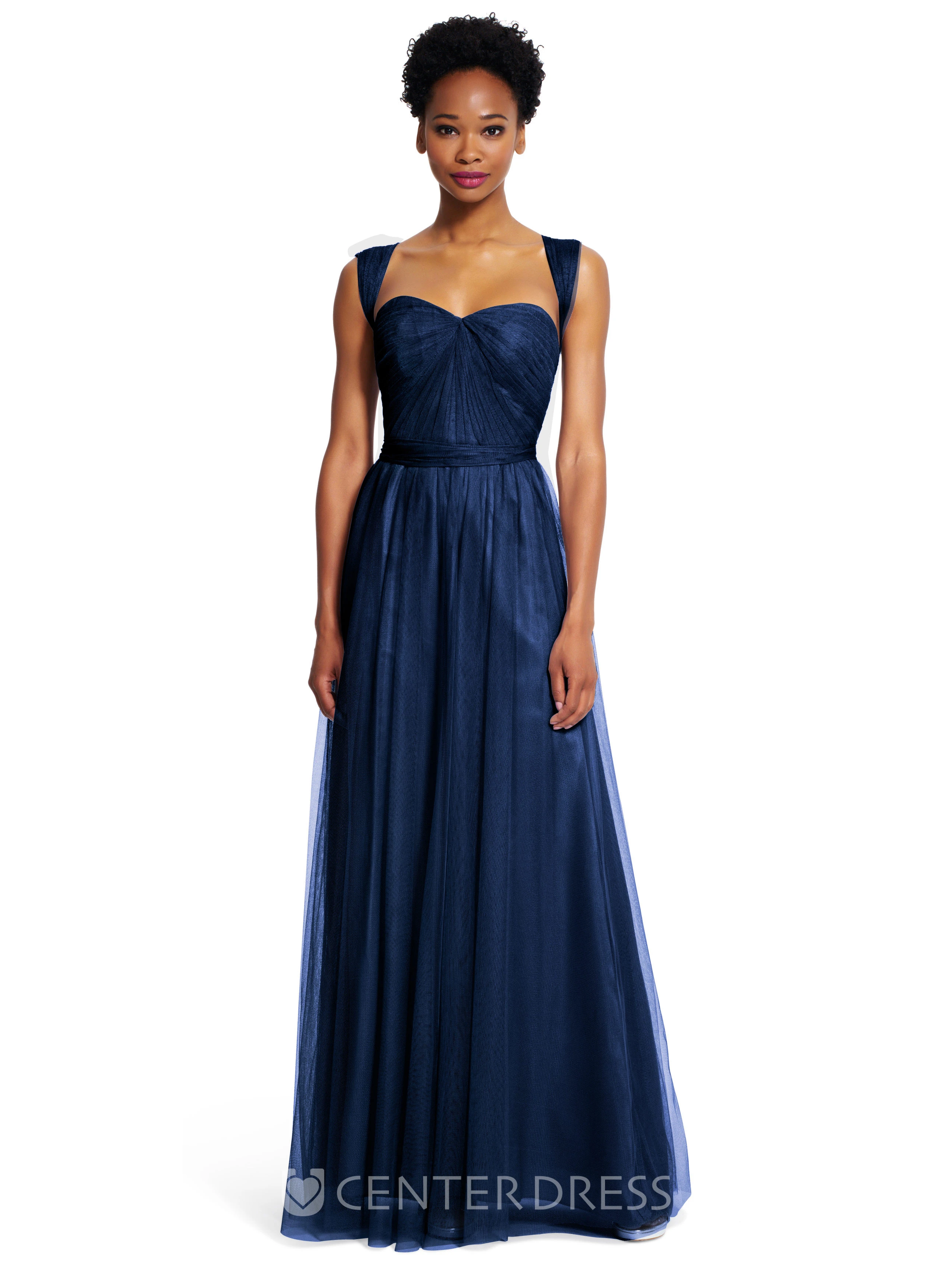 A-Line Long Ruched Strapped Sleeveless Tulle Bridesmaid Dress With Sash