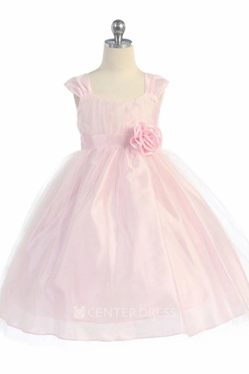 Tea-Length Straps Empire Tiered Tulle Flower Girl Dress