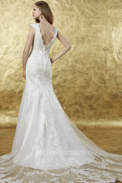 Trumpet Cap-Sleeve Appliqued Long Bateau Lace Wedding Dress With Low-V Back And Chapel Train