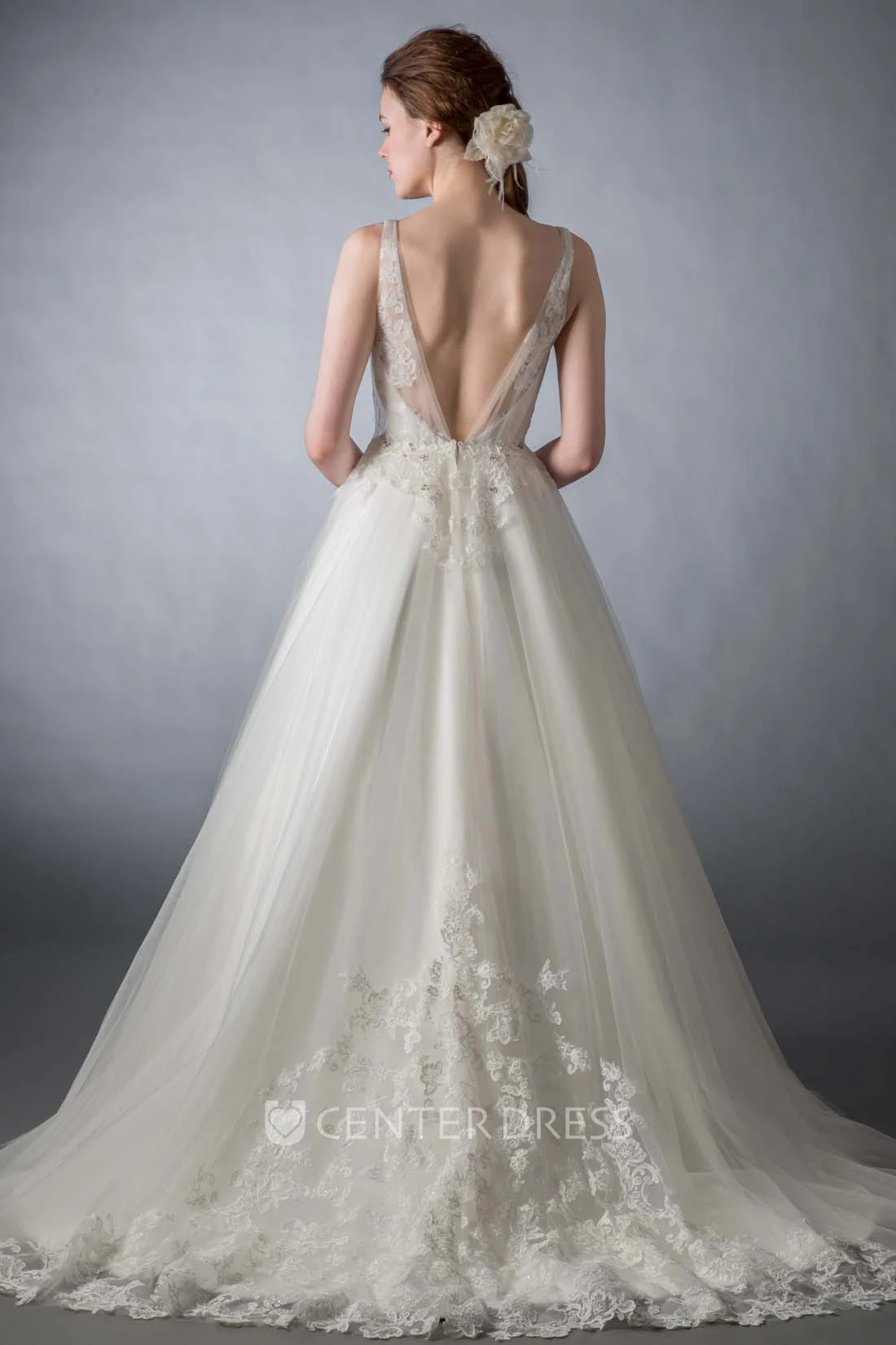 V-Neck Floor-Length Beaded Tulle Wedding Dress With Court Train And V Back