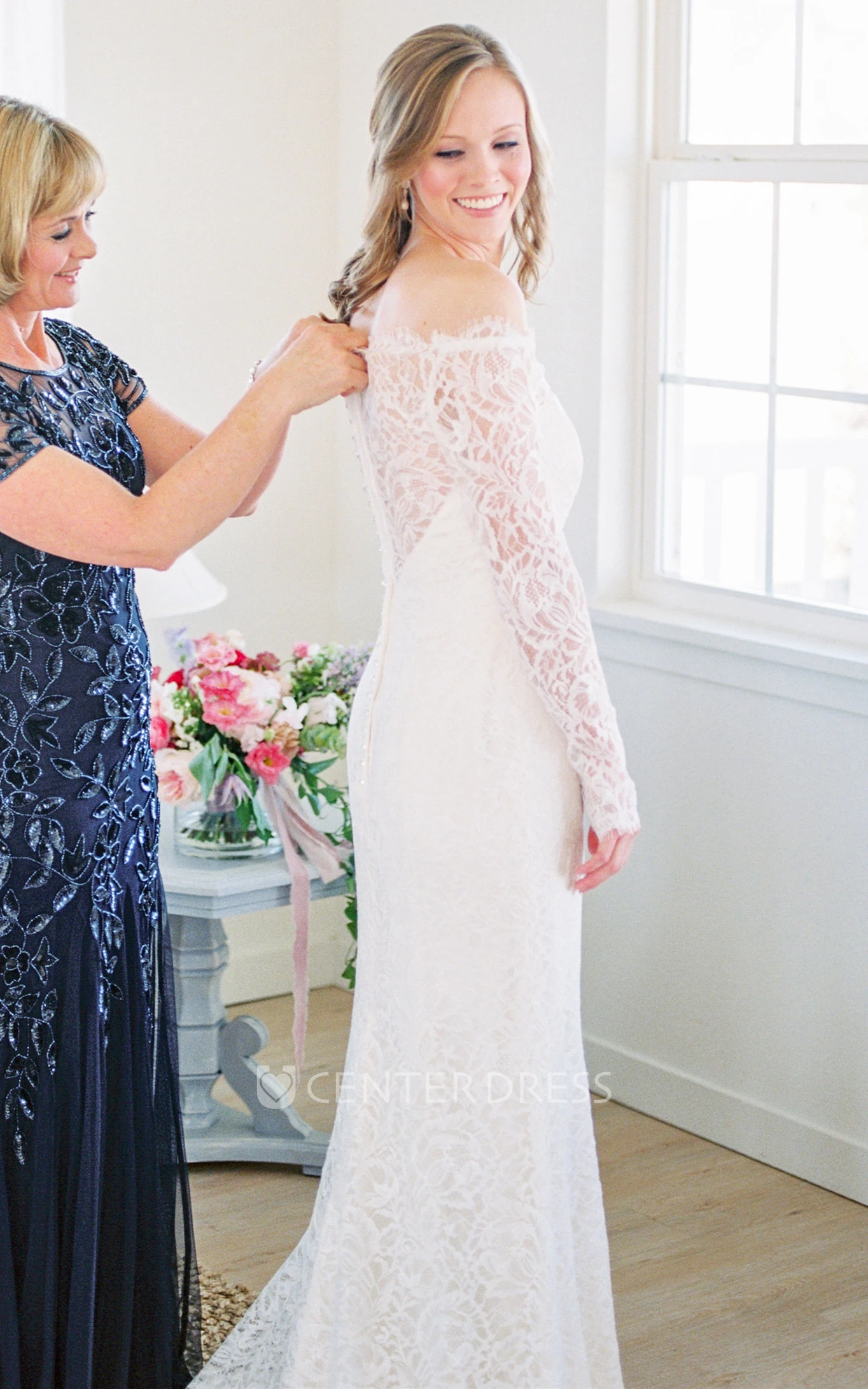 Simple Sheath Off-the-shoulder Lace Sweep Train Long Sleeve Wedding Dress