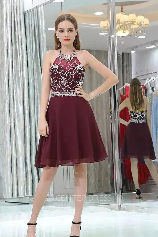 A-line Knee-length Sleeveless Halter High Neck Beading Chiffon Homecoming Dress