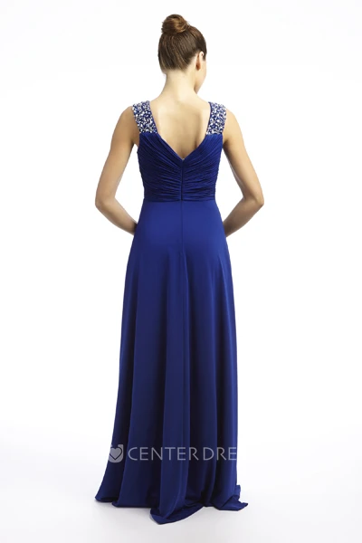 A-Line Long Beaded Sleeveless V-Neck Chiffon Prom Dress With Ruching