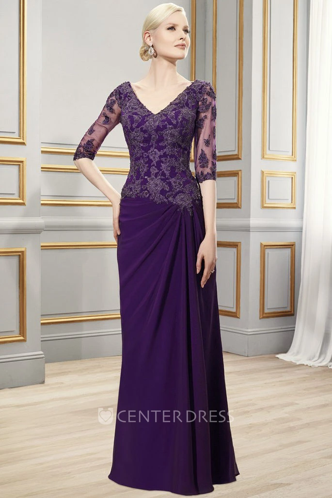 Floor-Length V-Neck Half Sleeve Appliqued Chiffon Formal Dress With Draping