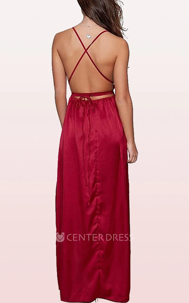 Romantic A Line Satin V-neck Cowel Guest Dress With Split Front and Ruffles
