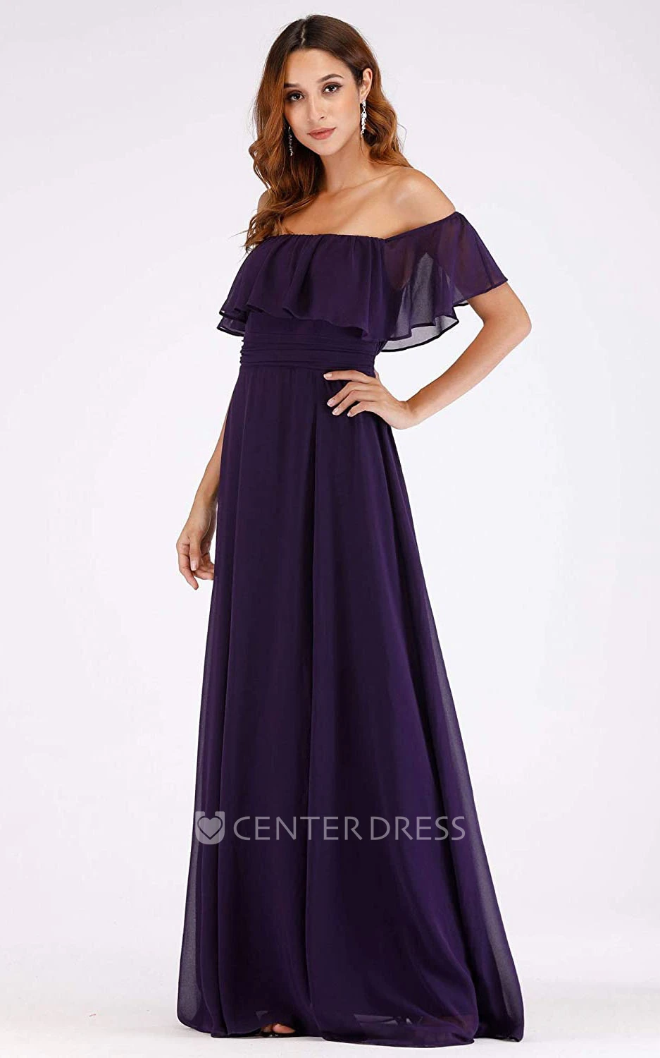 Simple A Line Chiffon Off-the-shoulder Evening Dress With Ruffles and Split Front