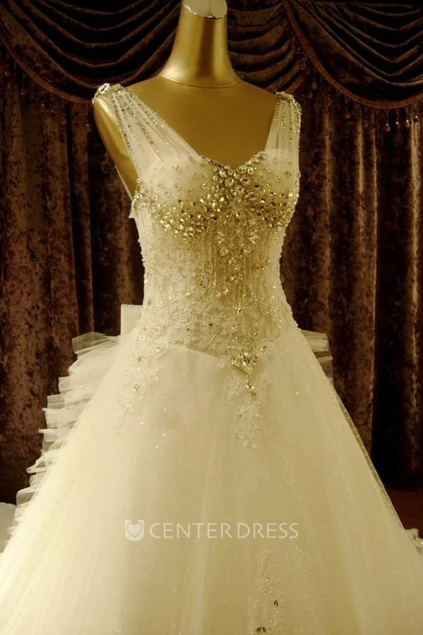 Ball Gown V-neck Lace Tulle Lace-up Corset Back Wedding Dress