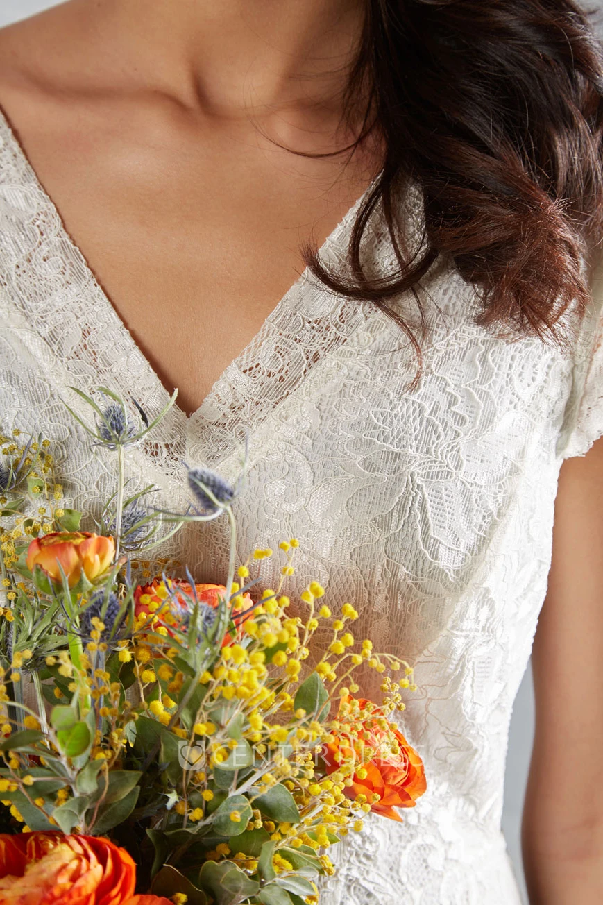 Sheath Cap-Sleeve Maxi V-Neck Lace Spring Wedding Dress With V Back