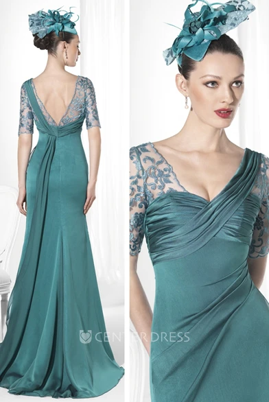 Sheath Floor-Length V-Neck Short-Sleeve Embroidered Jersey Prom Dress With Ruching