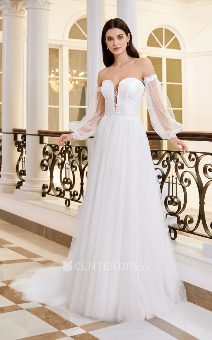 Modern Floral A-Line Boho Lace off the Shoulder Floor Length Spring Wedding Dress Ethereal Elegant Ballon Sleeve Plunging Neckline Sweep Train Bridal Gown