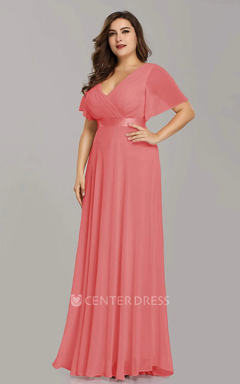 Casual Half Sleeve Chiffon V-neck A Line Mother Dress With Criss Cross and Ruching